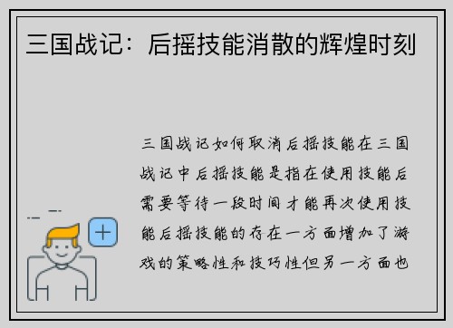 三国战记：后摇技能消散的辉煌时刻